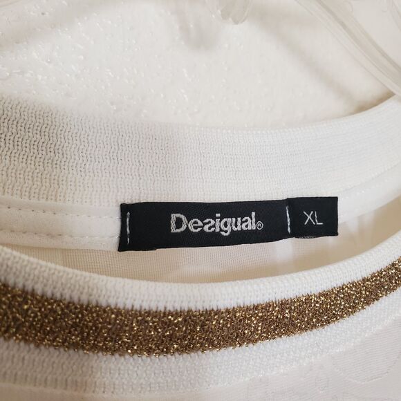 Desigual Women's XL Off-White Burnout Velvet Floral Sheer Top Gold Trim Pullover - Picture 2 of 15